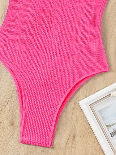 Wdirara Women's Cut Out Frill Trim One Piece Bandeau Swimsuit Monokini Fluro Pink L #TOP3