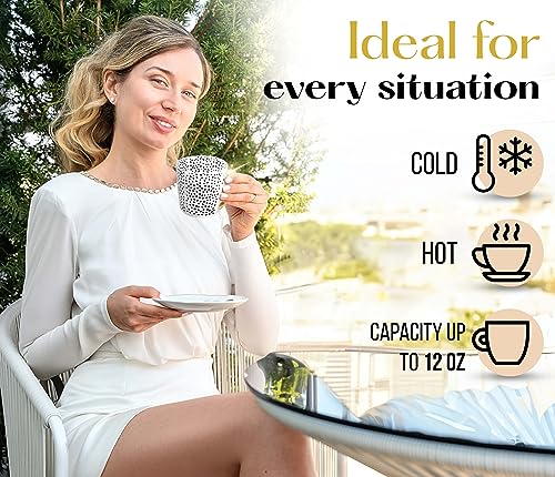 Monarca Coffee Mugs And Spoon Ceramic Set Of 4 12 Oz. Gift Box, Hand Painted Black And White With Real Gold Plated Handle + 4 Gift Starbucks Coffee #TOP4