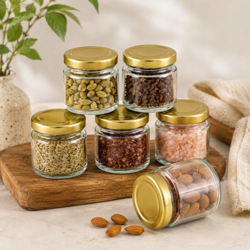 Image of Pure Source India Premium 20gm Clear 6 Pcs Glass Jar with Gold Lug Cap | Airtight Food Storage Jar for Honey, Jam, Pickles, Spices & Preserves