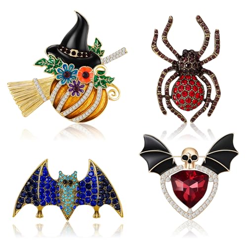 Ecally 4 Pcs Halloween Brooch Set Pumpkin Bat Pin Spider Skull Pin Crystal Brooch Gothic Accessories Halloween Jewelry Gift