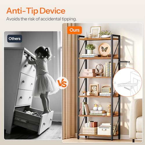 Image of HOOBRO Bookshelf, 6-Tier Industrial Bookcase, Book Shelf Storage Organizer, Tall Bookshelf with Metal Frame for Living Room, Bedroom, Home Office, Kitchen, Rustic Brown and Black BF726SJ01
