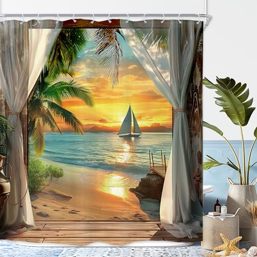 Image of Riyidecor Beach Shower Curtain 72Wx72H Inch Coastal Sunset Beachy Seaside Ocean Sea Hawaiian Tropical Palm Tree Scenery Barn Door Summer Bathroom Decor Fabric Polyester Waterproof 12 Pack Hooks