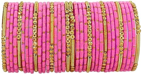 Crown Glass Golden Beads & Polka Dots Velvet Bangles Set For Women and Girls | Stylish Designer Bangles | Glass Chudi | Womens Fashion Jewellery (Pink, 2.6 Inches) (B0CPBFK7Q7) Amazon Price History, Amazon Price Tracker