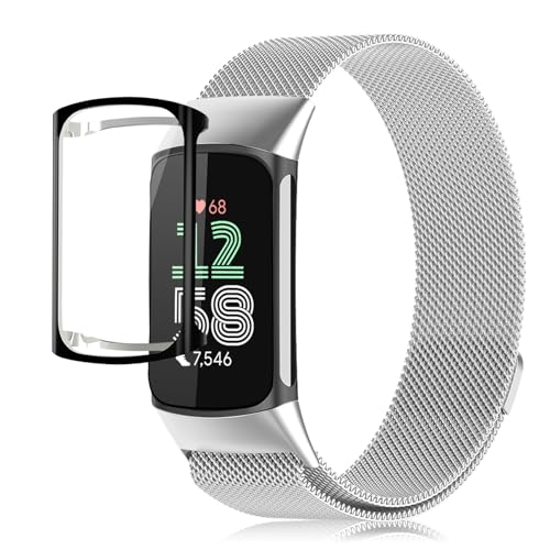 CeiLarv Watch Band Compatible with Fitbit Charge 6 / Fitbit Charge 5, Stainless Steel Metal Magnetic Replacement Strap - Silver + Case Black