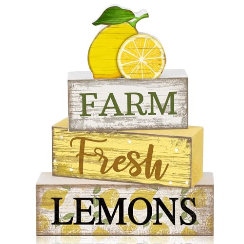 Image of Moucuny 4 Pcs Summer Lemon Decor Summer Table Decorations Farm Fresh Lemons Wooden Stacked Block Decor Rustic Summertime Tiered Tray Decoration Fruits Centerpiece for Home Kitchen Dining Room Mantel