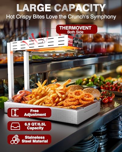 Image of PYY French Fry Warmer - Commercial Food Heat Lamp Chip Warmer, Adjustable Height 15.4 inch-18.5 inch Food Warmer Temp 86F-156F Countertop Freestanding Food Truck Restaurant Buffet
