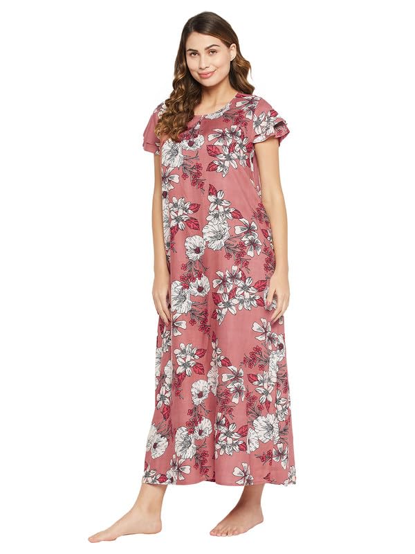 Image of Clovia Women's Rayon Printed Long Night Dress - Pink
