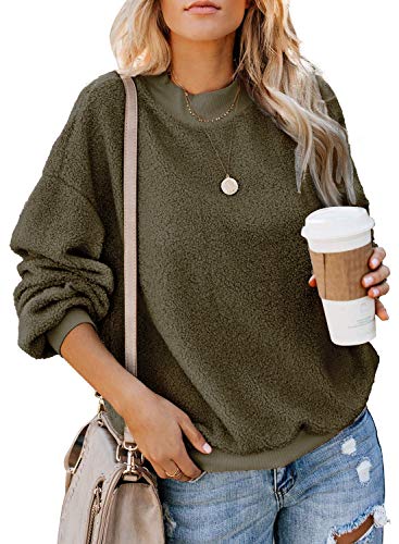 Women's Casual Solid Color Round Neck Fuzzy Fleece Pullover Sherpa Sweatshirt Coat Army Green M