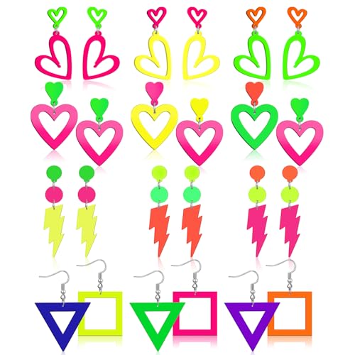 Nosiny 12 Pairs 80s 90s Neon Earrings for Women Acrylic Fluorescent Heart Lightning Triangular Square Earrings Retro Colorful Drop Dangle Pendant Jewelry Accessories for 90s 80s Outfit Glow Party