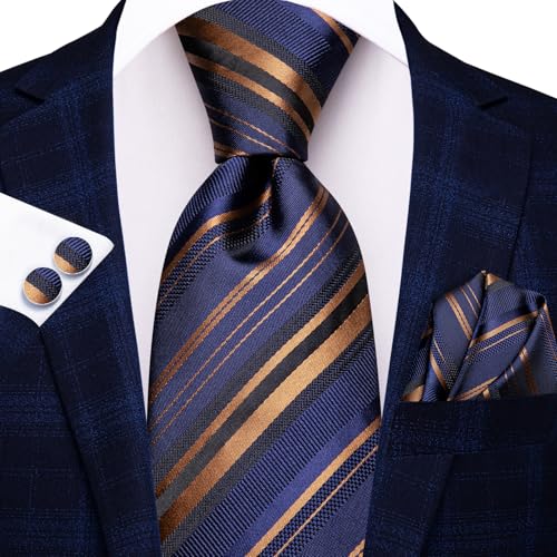 Image of Hi-Tie Men Silk Ties Set with Flower Lapel Pin Necktie Pocket Square Cufflinks for Tuxedo Wedding Business