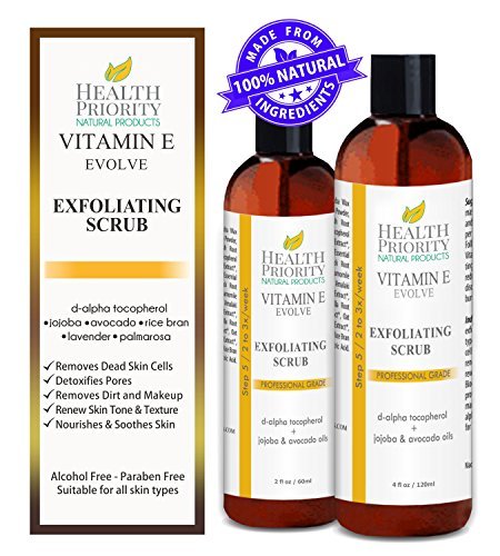 Vitamin E Exfoliating Facial Scrub. 100% Natural and Organic Ingredients. Rich & Creamy Exfoliator with Jojoba Pearls helps Wash, Cleanse & Exfoliate face. Great for Sensitive Skin and Acne