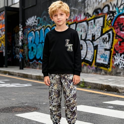 Image of Boy Clothes Plant Camouflage Pants LA Letter Print Top Sweatsuit Fall Boys Outfits Set