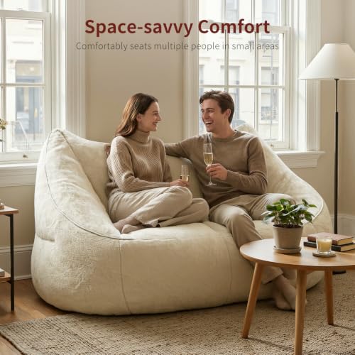 Image of Relefree Oversized Bean Bag Chairs for Adults,Bean Bag Loveseat Sofa,Boneless loveseat for Reading,2 Seater Lazy Sofa for Small Spaces,Mini Small Couches for Living Room,Bedroom,Apartment,Cream White