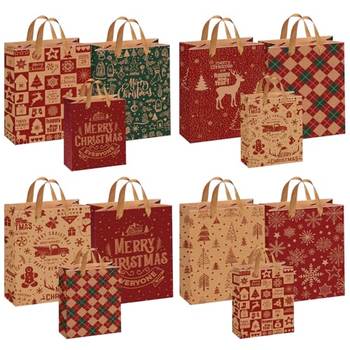 WEVOL 12 peças sacos de presente de Natal personalizados com alças, papel Kraft grande/pequeno, kit para embrulhar presentes, sacos craft para crianças