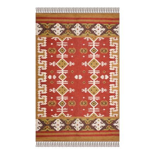 Handwoven Indian Kilim Rug Large Indian Dhurrie in Red Wool Jute Geometric Flatweave Turkmen Tribal Red Antique Runner Indian Dhurrie in Warm Tones Entryway & Hallway Rug 2X3 FT