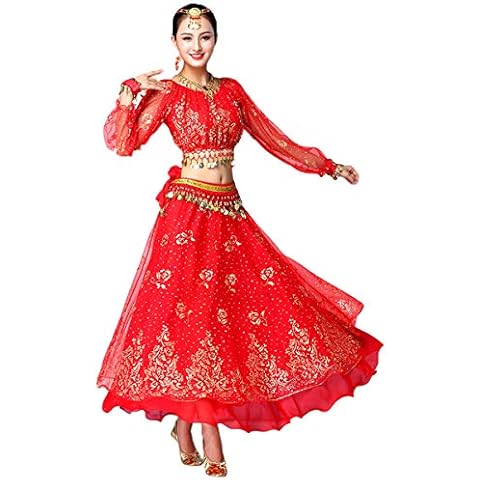 Grouptap Bollywood indian womens long-sleeve anarkali lehenga choli saree dress red arabian princess belly dance skirt outfits costume (Red, 150-170 cm, 45-70 kg) Cover