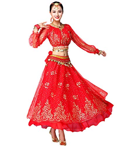 Grouptap Bollywood Indio para Mujer de Manga Larga Anarkali Lehenga Choli Saree Vestido Rojo árabe Princesa Danza del Vientre Falda Trajes Traje (Rojo, 150-170 cm, 45-70 kg)