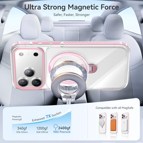 Peerock for iPhone 17 Pro Max Case with 360° Spin Stand, Non-Yellowing Transparent Back, TPU Inner Cushion, Magnetic Mag Safe Compatible, Military Protection, Cute Cover for Girl, Clear/Pink - image 5
