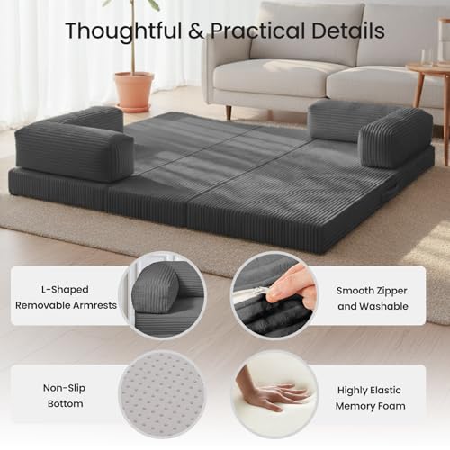 Image of Tri-Fold Foldable Mattress, Convertible Folding Sofa Bed with Removable Arms & Washable Cover, All-in-One Portable Mattress Floor Sofa Bed, No Assembly Required & Non-Slip, Full Size, Grey