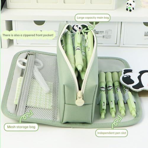 Image of Canvas School Bag Pencil Case, 3 Layer 6 Compartment Large Capacity, Aesthetic Pencil Pouch for Stationary, Cute Stationery for Kids, Pencil Case for Girls & Boys (Panda Side - Green)