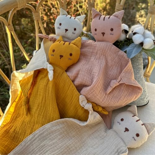 Image of insular Lovey Blanket for Boys and Girls, Organic Cotton Muslin Security Blanket for Babies, Soft Breathable Lovie Soothing Towel for Newborn and Infant, Beige Cat