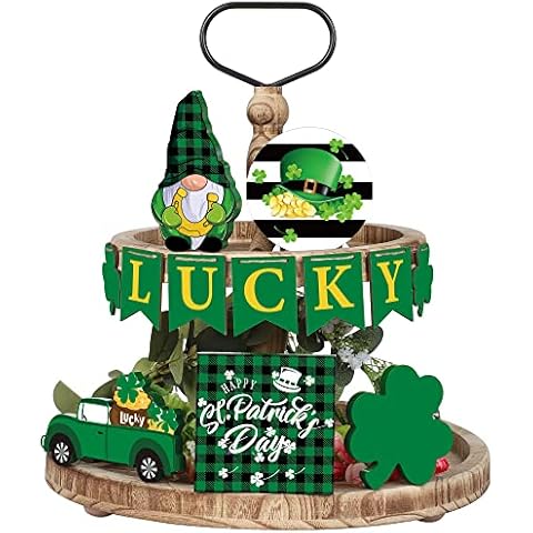 13 PCS St. Patrick’s Day Tiered Tray Decor Lucky Wooden Table Signs Green Shamrock Gnome Wood Blocks Irish Party Wood Table Centerpieces with Holder for St. Patrick Home Holiday Decor Cover