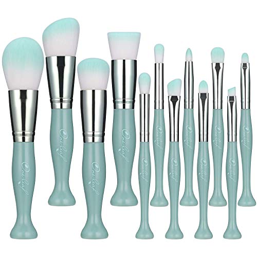 Oneleaf Standing Makeup Brushes Premium Synthetic Foundation Powder Concealers Eye Shadows Makeup 12 Pcs Brush Set, Green
