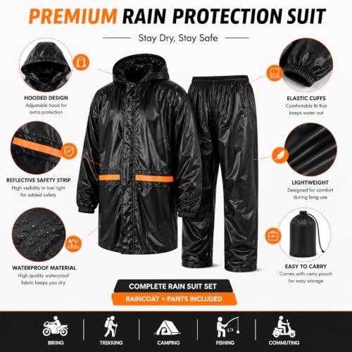 Image of Unisex Raincoat with Pant Set Waterproof for Men & Women, Hooded Rain Suit with Reflective Strip, Rain Jacket for Bike Riding, Travel & Outdoor Use, Black, Free Size (Fits L to XXL)