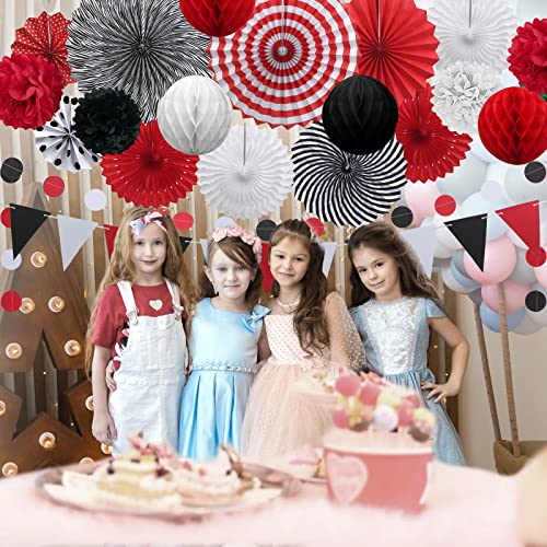 Image of 23Pcs Red Black Party Decorations with Hanging Paper Fans Honeycomb Balls