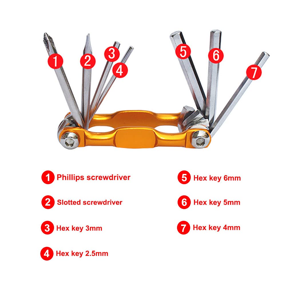 7 in 1 Strumento Bicicletta, Attrezzo Bici Multifunzione, Attrezzi Riparazione Bicicletta Mini, Multitool Bici Pieghevole e Portatile (D'oro)