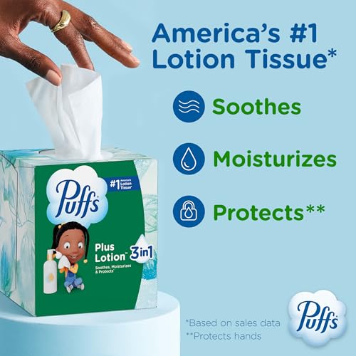 Image of Puffs Facial Tissues Plus Lotion, 18 Cube Boxes, 56 Facial Tissues per Box, Allergies and Colds (Packaging May Vary)