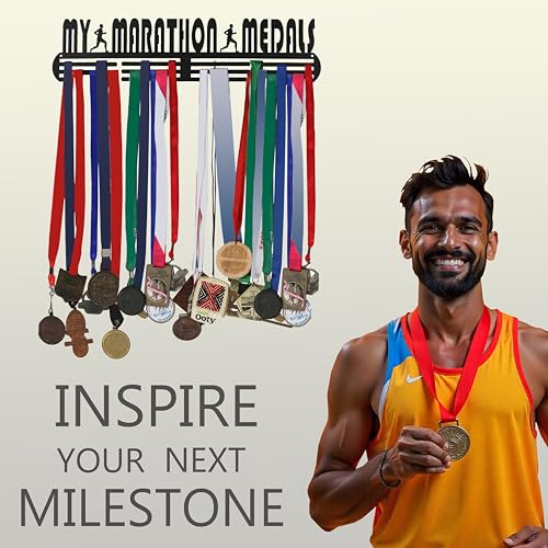 Image of My Marathon Medal Hanger Big Size - Black Metal Medal Holder for wall (51 cm x 12 cm) Medal Display for 40 Medals