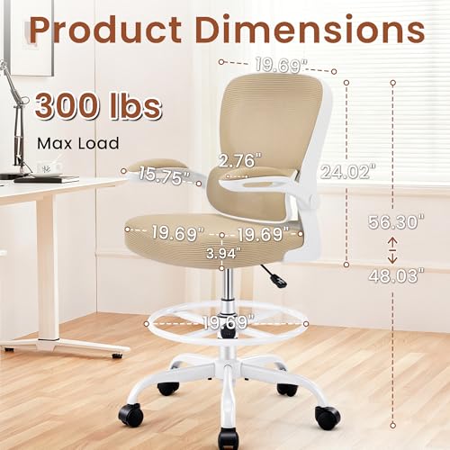 Image of AreShark Drafting Office Chair - Ergonomic Tall Office Chair with Adjustable Footrest Ring - Counter Height Adjustable Rolling Standing Desk Chair with Lumbar Support and Flip-up Armrests for Home