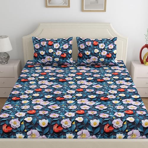 Image of Home Ecstasy Microfibre Wrinkle & Fade Resistant Fitted Bedsheet for King Bed with 2 Pillow Covers (Size 72 x 78 inches, 140TC, Colour Blue)