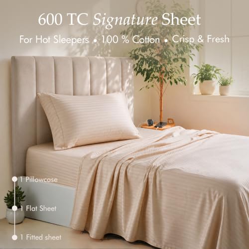 Image of Threadmill 600TC Cotton Twin Sheet Set, Sateen, Damask Stripe, Beige