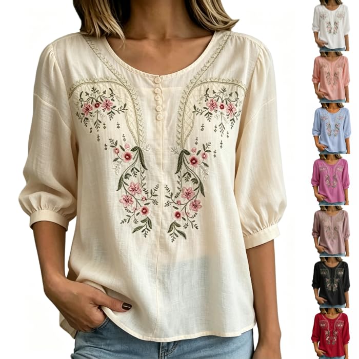 Cotton Tops for Women Embroidered Linen Gauze Shirts Dressy Peasant Blouses Beige L - image 1