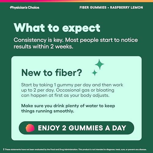 Image of Physician's CHOICE Fiber Gummies for GLP-1 Support - No Sugar Added & Vegan - Raspberry Lemon - Natural Chicory Root Prebiotic Fiber Gummy - Digestive Health & Regularity for Women & Men - 60CT