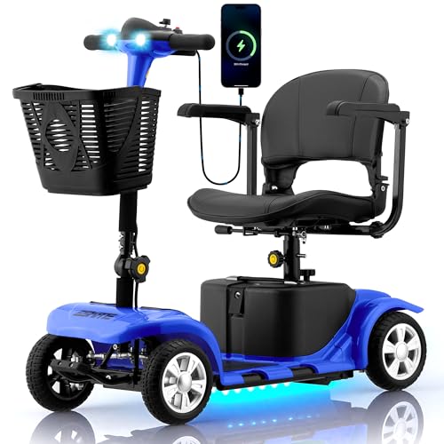 Mobility Scooter for Adults, Senior, 4 Wheels Electric Powered Chargeable Device for Travel, Lightweight Mobility Scooter, with LED Headlights and Basket, Charger Included