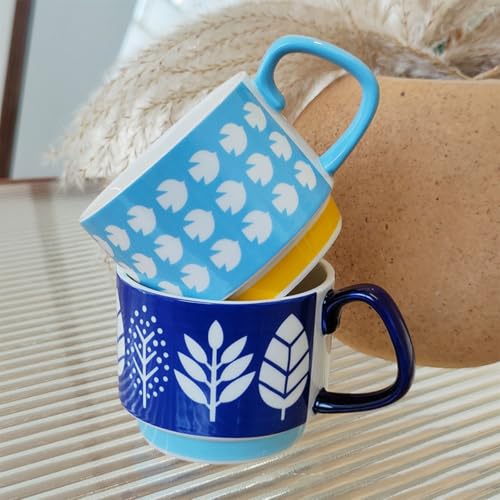 Image of Spooky Japanese Retro Ceramic Coffee Mug - 300ml Printed Stackable Cup with Handle - Hanging Design for Milk, Tea & Espresso - Ideal Gift for Couples, Home or Cafe (Blue and White - Bird)