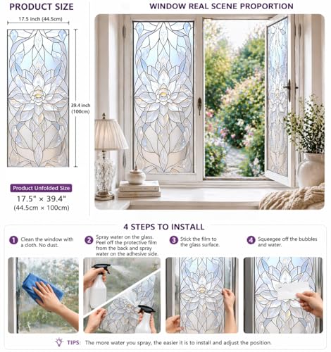Película de privacidad para ventana con diseño floral Lotus 17.5 x 39.4 pulgadas miniatura 3