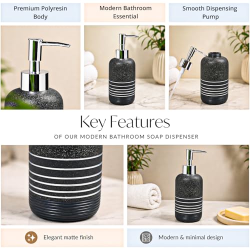 Image of MARKET 99 Grey Polyresin Soap Dispenser Pack of 2 (285 ml Each) | Matte Liquid Soap & Lotion Holder | Round Ribbed Bathroom Countertop Accessory for Vanity, Wash Basin & Hand Wash