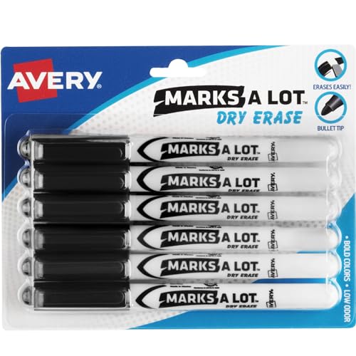AVERY Marks A Lot Dry Erase Markers, Low Odor White Board Markers with Bullet Tip, 6 Black (24483)