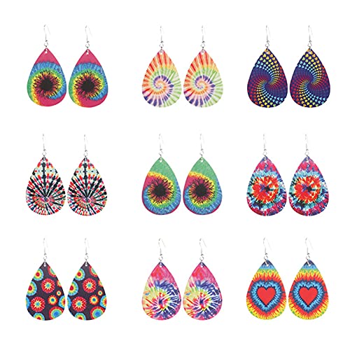 9Pairs Tie Dye Printed Leather Drop Earrings Set Lightweight Bohemia Teardrop Earrings Colorful Vintage Handmade Leather Dangle Earrings For Women Girl Vaction Jewelry（A) #TOP27