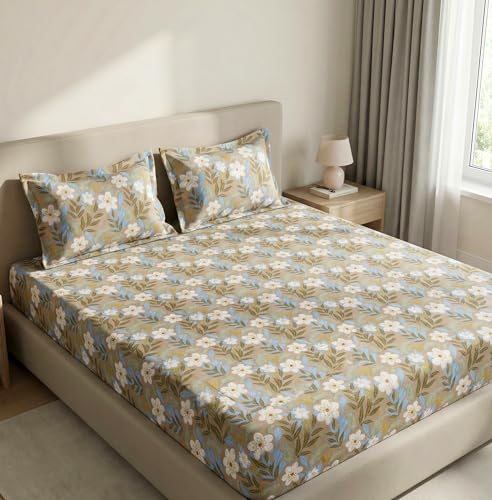 Image of VAS Collections Waterproof Fitted Bedsheet King Size (78x72+8 inches) with 2 Pillow Covers | Noiseless, Leakproof, All-Round Elastic (Blue, White & Light Brown, Fitted Bedsheet (78 X72 inch))