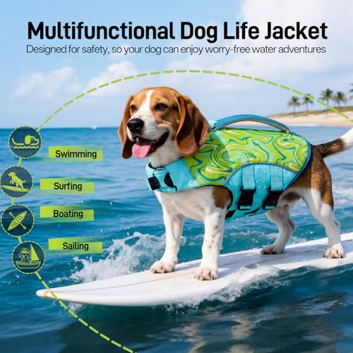 Image of BRKURLEG Dog Life Jacket, Dog Life Vest for Swimming & Boating with High Buoyancy & Rescue Handle for Small Medium Large Dogs, Adjustable Reflective Swimming Safety Vest, Green L