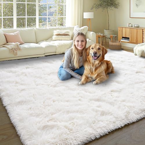 KING DARE 6x9 Area Rugs for Living Room Cream White Rug, Fluffy Shaggy Fuzzy Plush Furry Large Floor Carpet, Anti-Slip Washable Modern Soft Rug for Bedroom Girls Boys Room Indoor