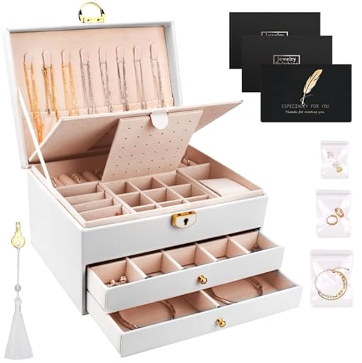 TEGOVE Caja Joyero de 3 Niveles,Joyeros Mujer Organizador,Grande Joyero Viaje Cajones Niña,Joyero de terciopelo,con cerradura y llave,para Pulseras,Pendientes,Anillos,Collares,Relojes,Blanco | Ya disponible en tu tienda friki favorita! En mundofriki.es!