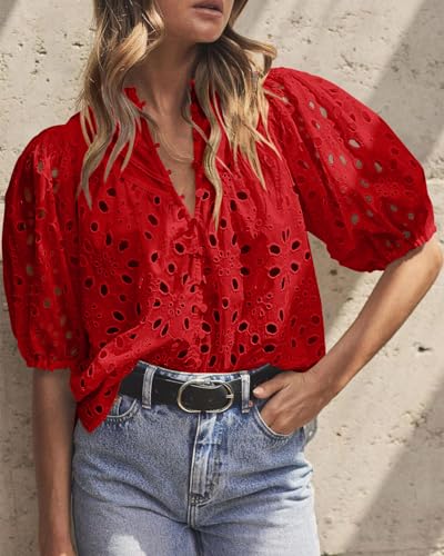 BETTE BOUTIK Women's Long Short Sleeve Tops 2025 Dressy Casual Button Hollow Out Lace Embroidered Blouses Shirts