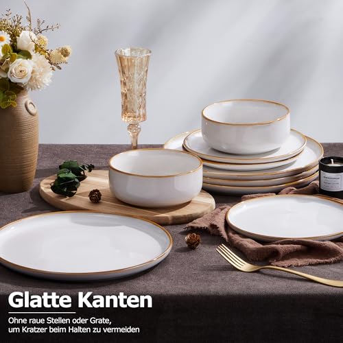 Geschirr Set für 6 Personen, Onader 18 Teiliges Steinzeug Tafelservice Kombiservice, je 6 Speiseteller, Dessertteller, Müslischalen, Spülmaschinenfest – Perle Beige
