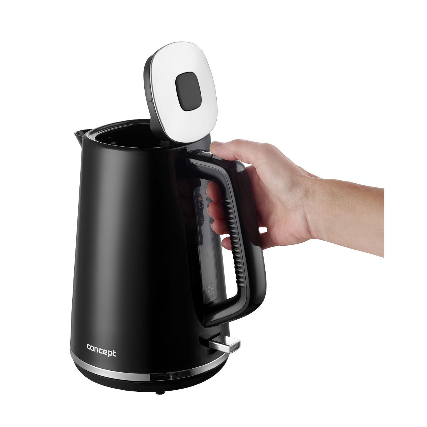 Concept RK2375 - Hervidor de agua eléctrico, 2200 W, 1,7 L, apagado automático, base giratoria de 360°, indicador de agua transparente, color negro